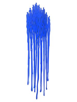 blue paint dripping down the side of a white wall