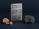 silver cigarette case and nuts on a black background