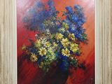 an oil painting of a vase of flowers on a red background