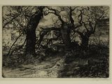 an image of a black and white drawing of a tree and a house
