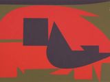 an image of a red and black painting on a green background