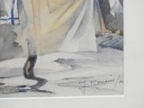 a watercolor painting of a woman walking down the street