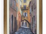 an oil painting of a street scene with a bridge and buildings
