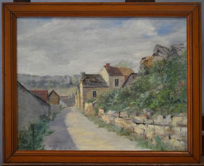 an oil painting of a country road with houses in the background