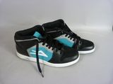 black and blue high top sneakers with white soles on a white surface