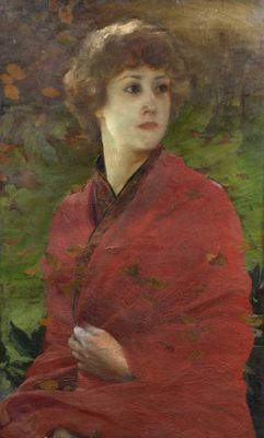 une image représentant un tableau d'une femme portant un châle rouge