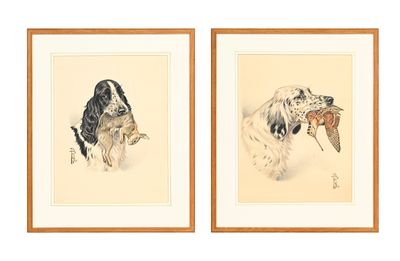 deux reproductions encadrées représentant deux chiens tenant des faisans dans la gueule