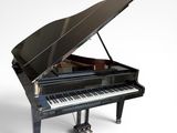 un piano noir posé sur une surface blanche