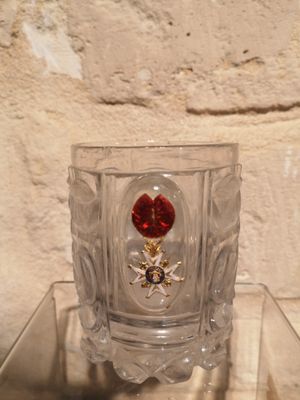 a glass vase with a red flower in it on a table
