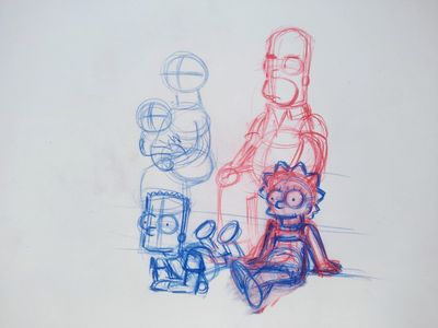 croquis d'un homme et d'une femme assis à côté d'un robot et d'un ours en peluche