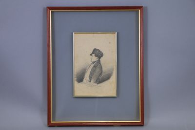 an old drawing of a dog sitting in front of a blue wall