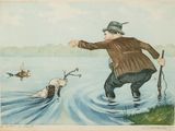 painting of a man and a dog in a body of water