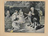 a drawing of a man playing with children and a dog