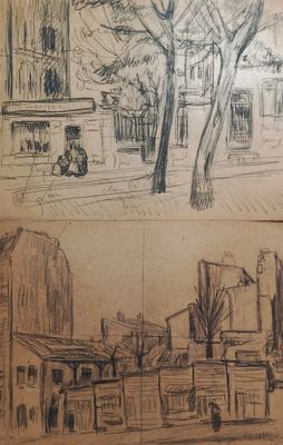 sketches of a street scene and a tree in a city