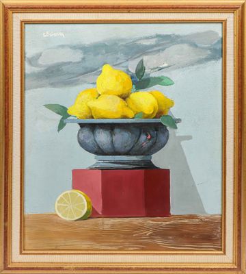 an oil painting of a bowl of lemons on a table with a slice of lemon