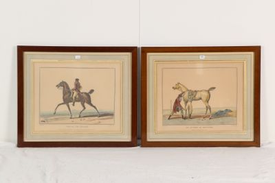 deux reproductions encadrées représentant un homme à cheval et une femme à cheval