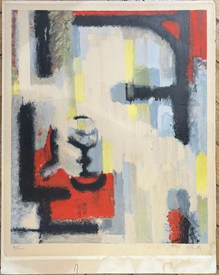 abstract painting of a red chair and a white vase on a wooden table