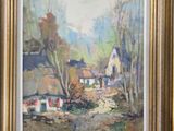 an oil painting of a village scene in a gold frame