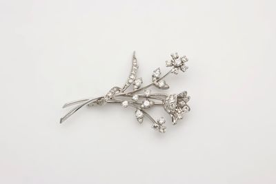 une photo d'une broche en forme de fleur de diamant posée sur une surface blanche
