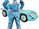 drawing of a man standing next to a blue sports car