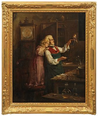 tableau représentant un homme et une femme observant un oiseau dans une pièce