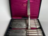 a case with six knives in it and a knife in it