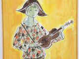 painting of a man in a hat playing a guitar in front of a yellow background