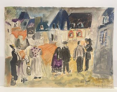 a painting of a group of people standing in front of a building