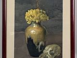 painting of a vase with yellow flowers and a skull on a table