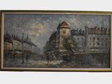 painting of a street scene with buildings and a horse drawn carriage