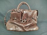 crocodile skin handbag on a green background
