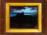 a painting of a castle on a hill under a cloudy sky
