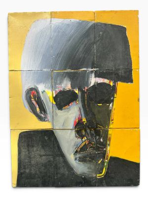 peinture représentant le visage d'un homme sur un fond jaune et noir