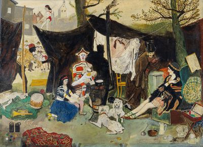 an image of a painting of a group of people outside a tent