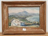 an oil painting of a house on a beach with a mountain in the background