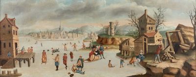 tableau représentant une scène hivernale avec des personnes faisant du patin à glace sur une rivière gelée