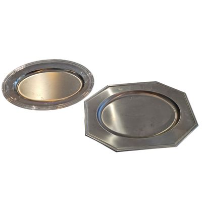 pair of silver plated trays on a white background