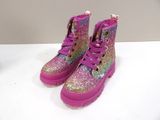 purple and pink glitter boots with pink laces on a white surface