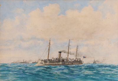 an old painting of a ship in the middle of a body of water