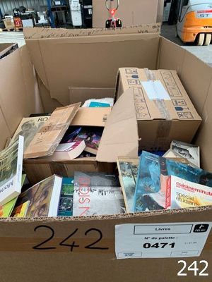 a cardboard box full of books in the middle of a warehouse