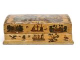 an old wooden box with a painting on it