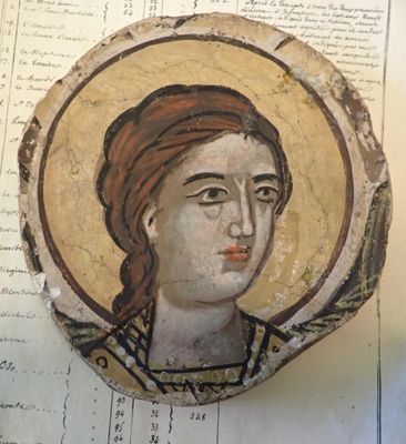 an old painting of a woman with a red head on a piece of paper