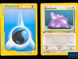 two pokemon cards with a picture of a blue and purple pokemon figure
