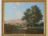 une peinture à l'huile représentant une scène champêtre avec une route et des arbres