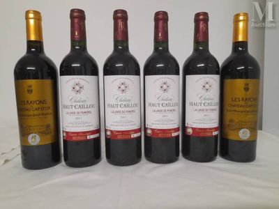 six bottles of red wine are lined up on a table