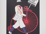an image of a poster of a man riding a bicycle with a sign on it