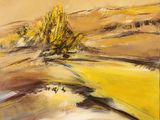 une peinture à l'huile représentant un arbre jaune au milieu d'un champ