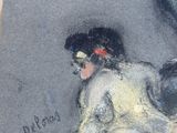 chalk paste drawing of a woman sitting on the ground with a bird in the background