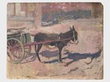 un tableau représentant un cheval tirant une calèche dans laquelle se trouve un homme