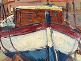 an oil painting of a boat on a beach next to a building